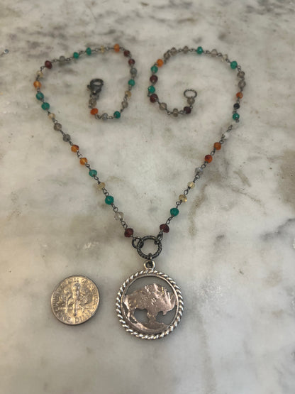 Sterling Buffalo Indian Head Nickel necklace with gemstones