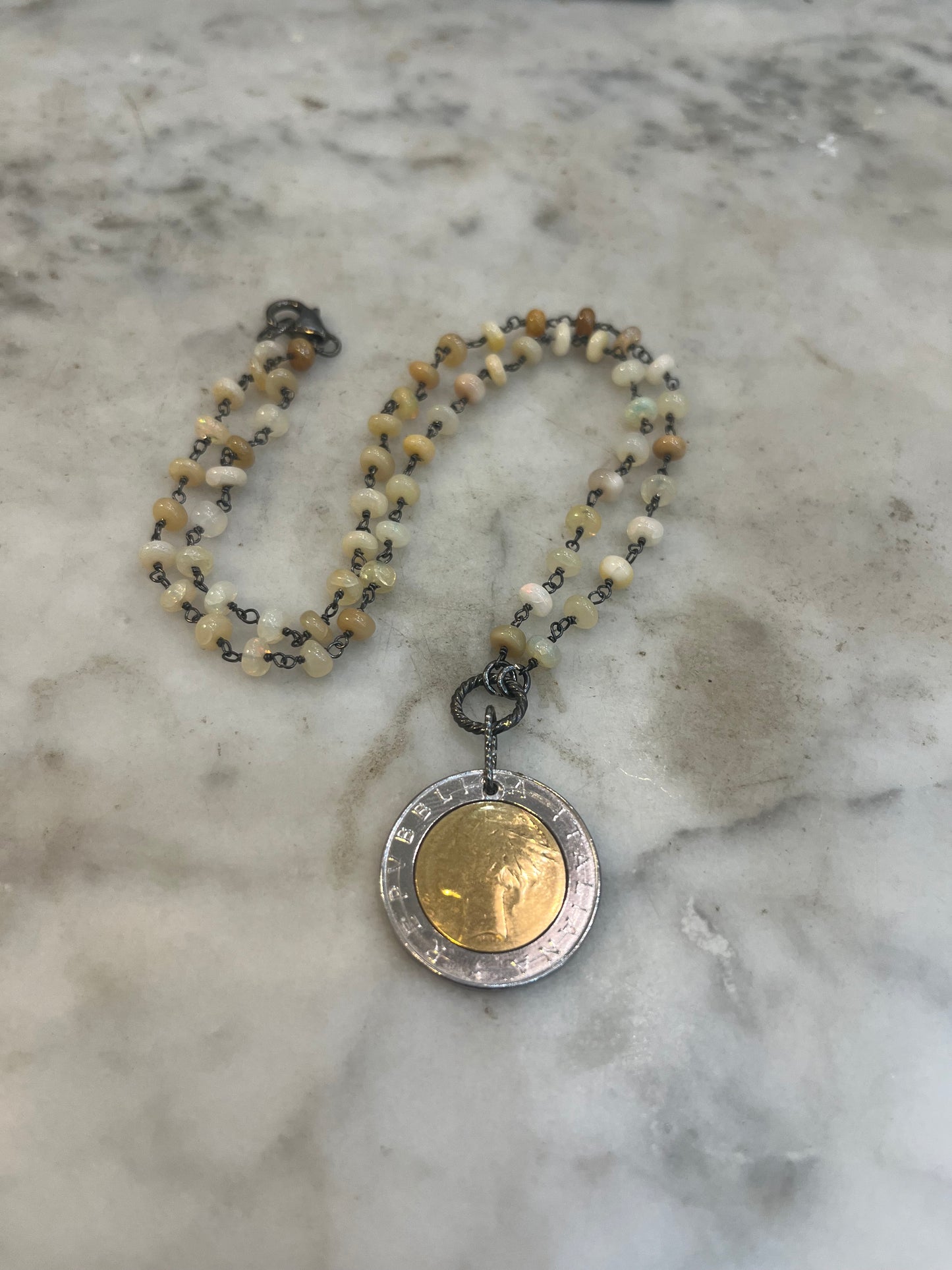 Vintage Italian Lira Coin Necklace with opals and sterling