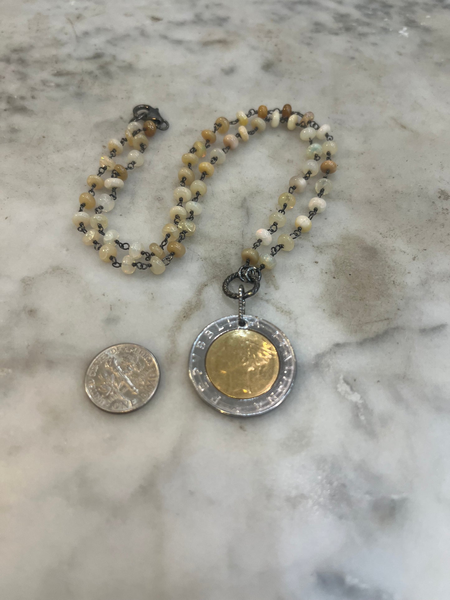 Vintage Italian Lira Coin Necklace with opals and sterling