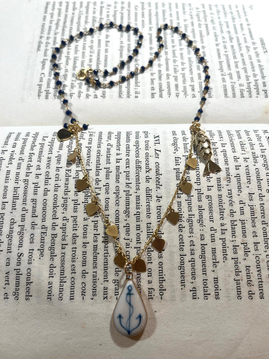 Anchor necklace with Sha Parle pottery charm, lapis, fish charm and 14k gold-filled