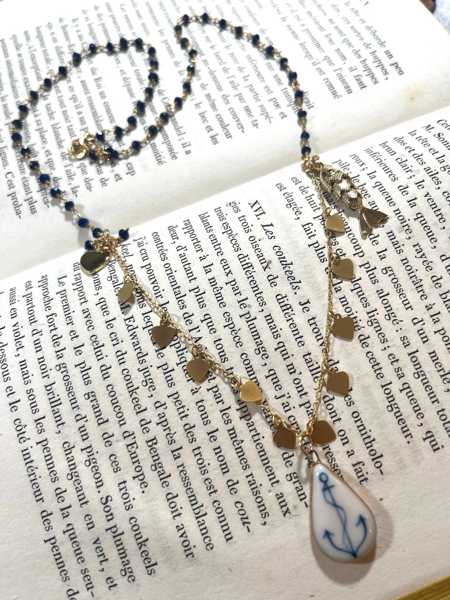 Anchor necklace with Sha Parle pottery charm, lapis, fish charm and 14k gold-filled (Copy)