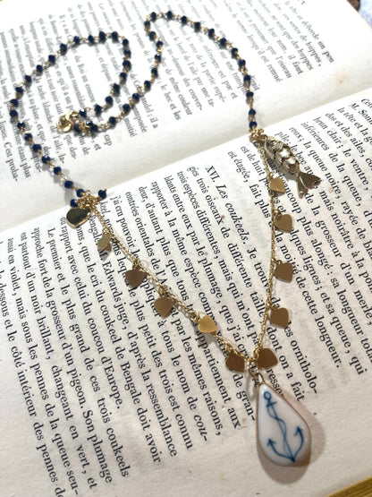 Anchor necklace with Sha Parle pottery charm, lapis, fish charm and 14k gold-filled (Copy)