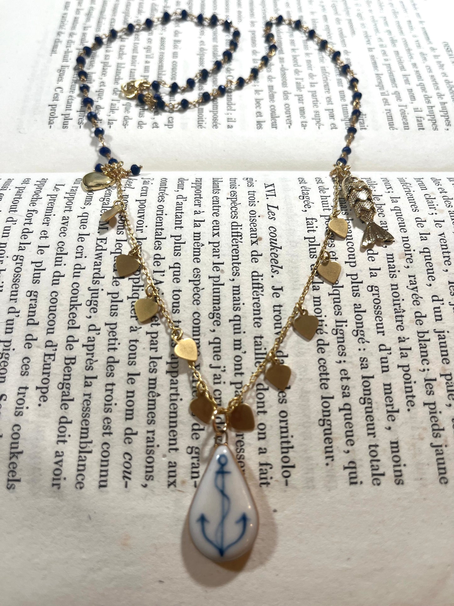 Anchor necklace with Sha Parle pottery charm, lapis, fish charm and 14k gold-filled (Copy)