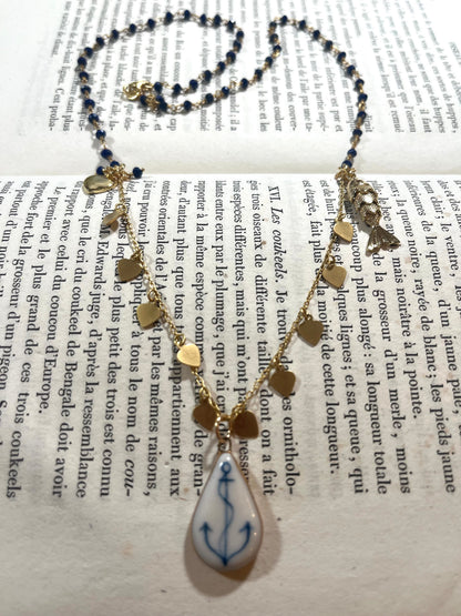 Anchor necklace with Sha Parle pottery charm, lapis, fish charm and 14k gold-filled (Copy)