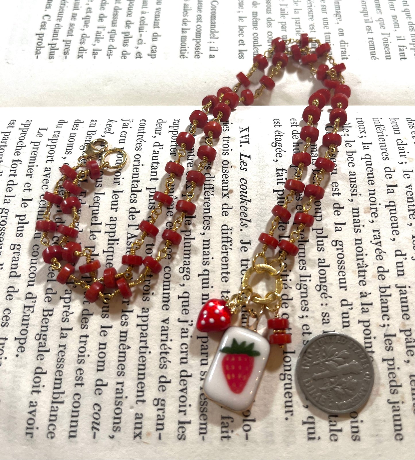 Strawberry necklace with Sha Parle pottery charm, coral, enamel charm and 14k gold-filled