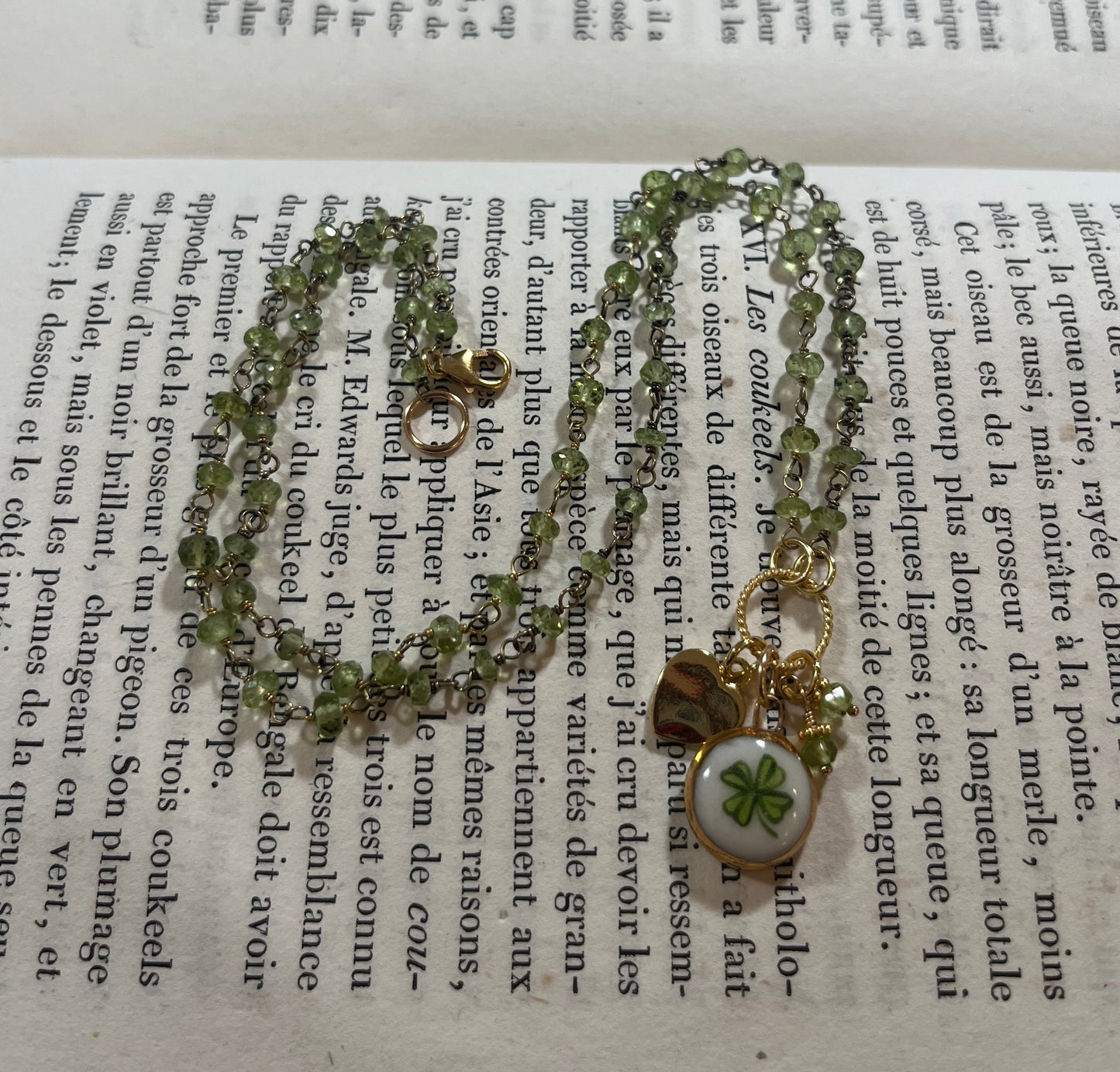 Lucky Clover necklace with Sha Parle pottery charm, perdot and 14k gold-filled