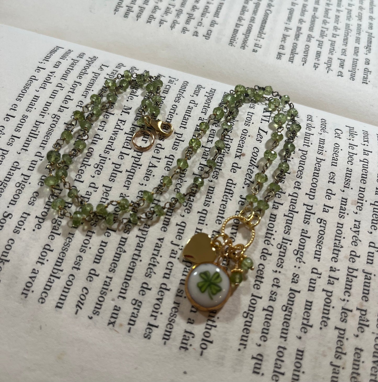 Lucky Clover necklace with Sha Parle pottery charm, perdot and 14k gold-filled