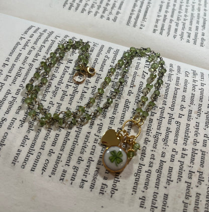 Lucky Clover necklace with Sha Parle pottery charm, perdot and 14k gold-filled