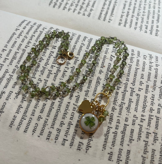Lucky Clover necklace with Sha Parle pottery charm, perdot and 14k gold-filled