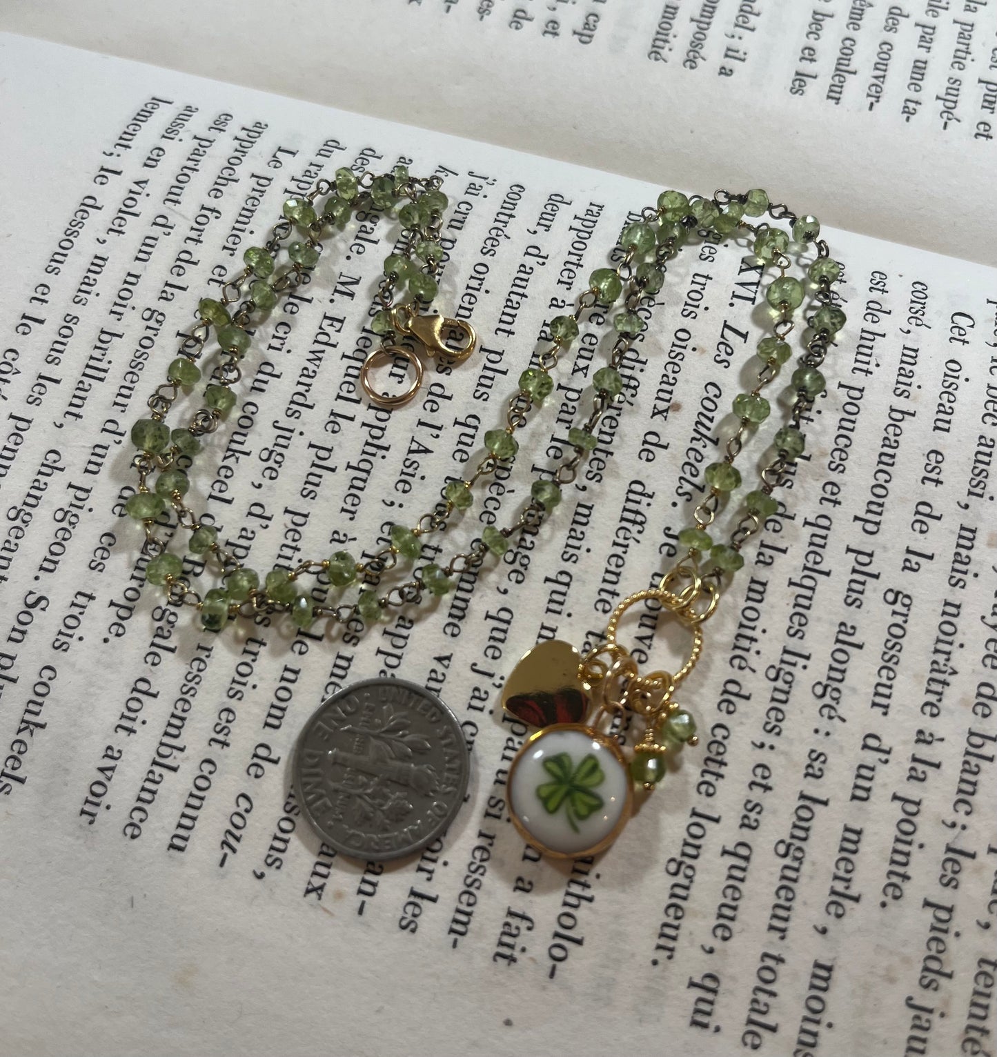 Lucky Clover necklace with Sha Parle pottery charm, perdot and 14k gold-filled