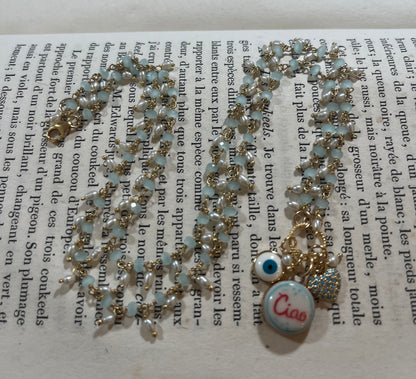 Ciao necklace with Sha Parle pottery charm, pearls, chalcedony and 14k gold-filled
