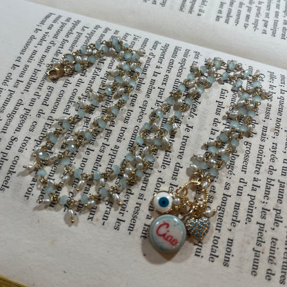 Ciao necklace with Sha Parle pottery charm, pearls, chalcedony and 14k gold-filled