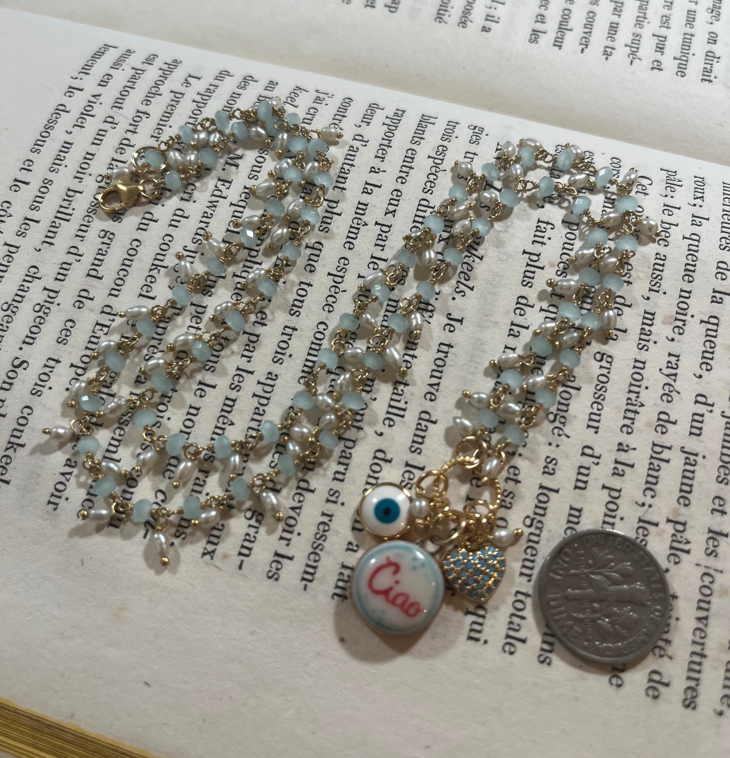 Ciao necklace with Sha Parle pottery charm, pearls, chalcedony and 14k gold-filled