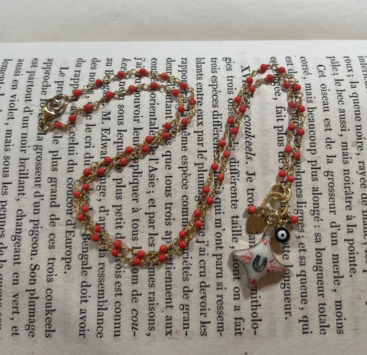 Horseshoe Star necklace with Sha Parle pottery charm, coral, evil eye charm and 14k gold-filled