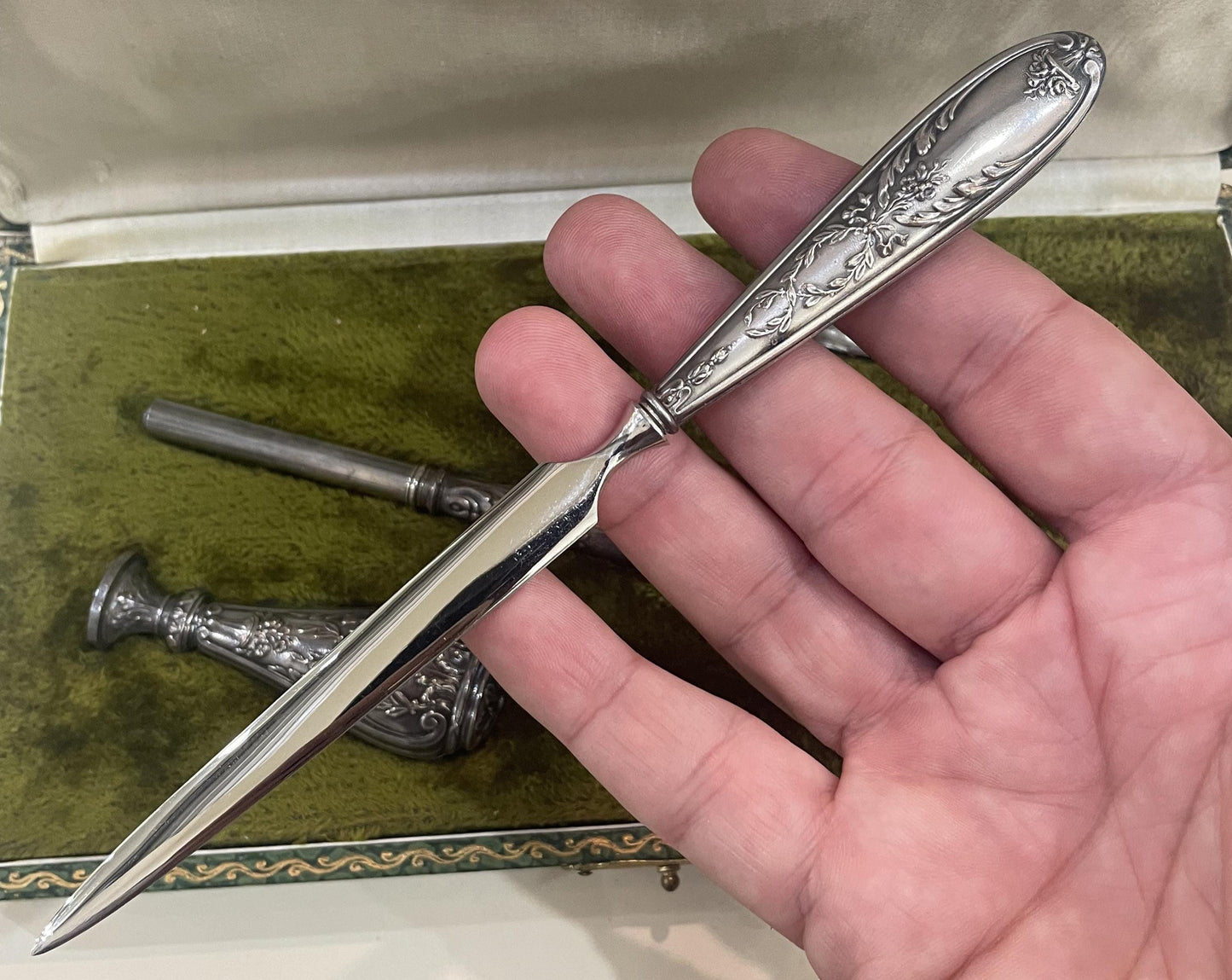 Antique French Silver Plated Desk Set Letter Opener Quill Pen Wax Seal Art Nouveau Original Box c1900