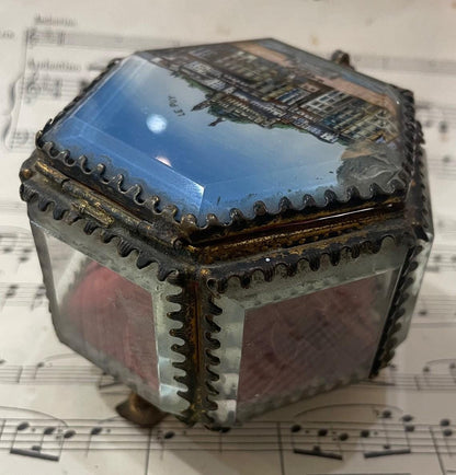 Antique French Eglomise Souvenir Jewelry Box Casket Le Puy c1900