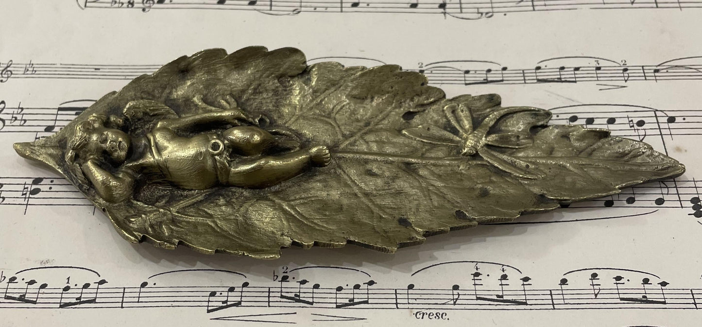 Rare Antique French Art Nouveau Bronze Tray Cherubs Angels Dragonfly c1920