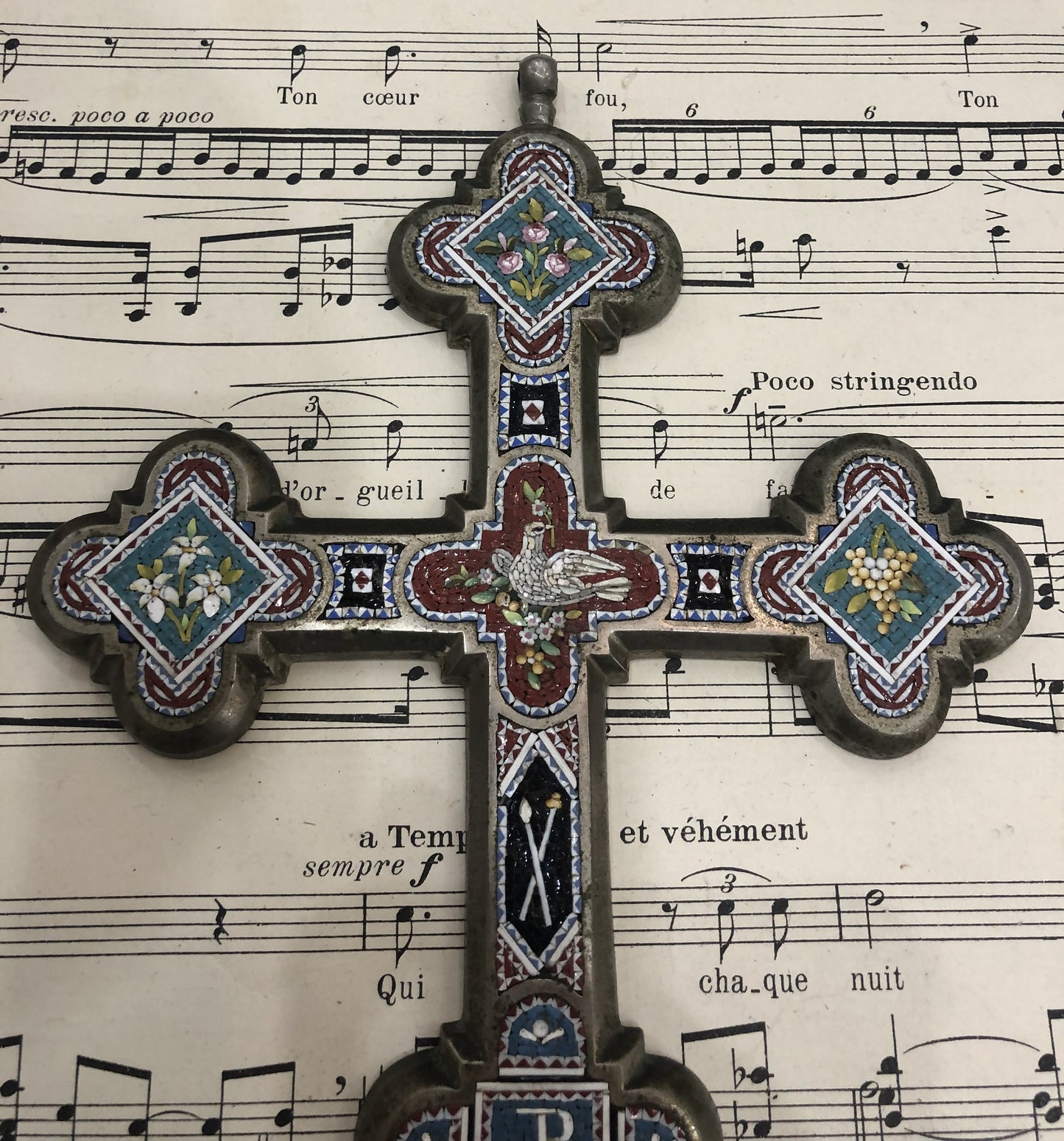 RARE Large Antique Italian Micro Mosaic Micromosaic Cross Crucifix Bird Anchor Grapes Flowers c1900