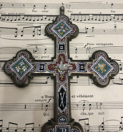 RARE Large Antique Italian Micro Mosaic Micromosaic Cross Crucifix Bird Anchor Grapes Flowers c1900