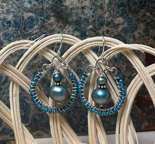 Blue pearl woven earrings with sterling silver wire