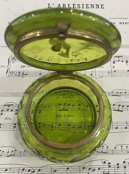 Rare Antique French Gilt Brass Green Glass Hand Painted Enameled Box Mary Gregory c1900