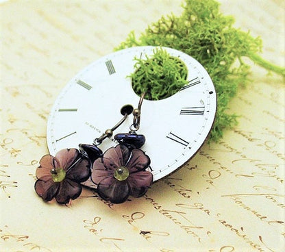 Dangle Amethyst Violet Blossom Earrings with peridot, freshwater pearls and sterling findings.