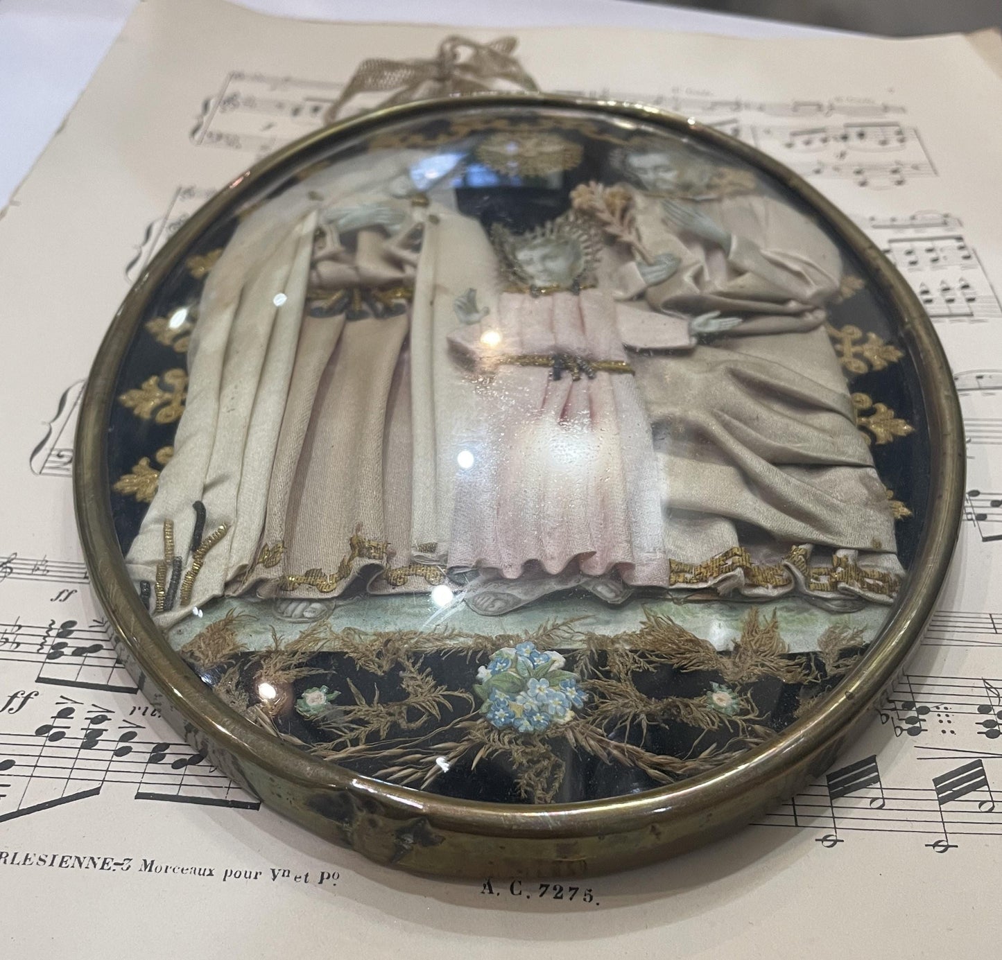 Rare Large Antique French Reliquary / Ex Voto Holy Family Silk Embroidery Domed Glass c1880