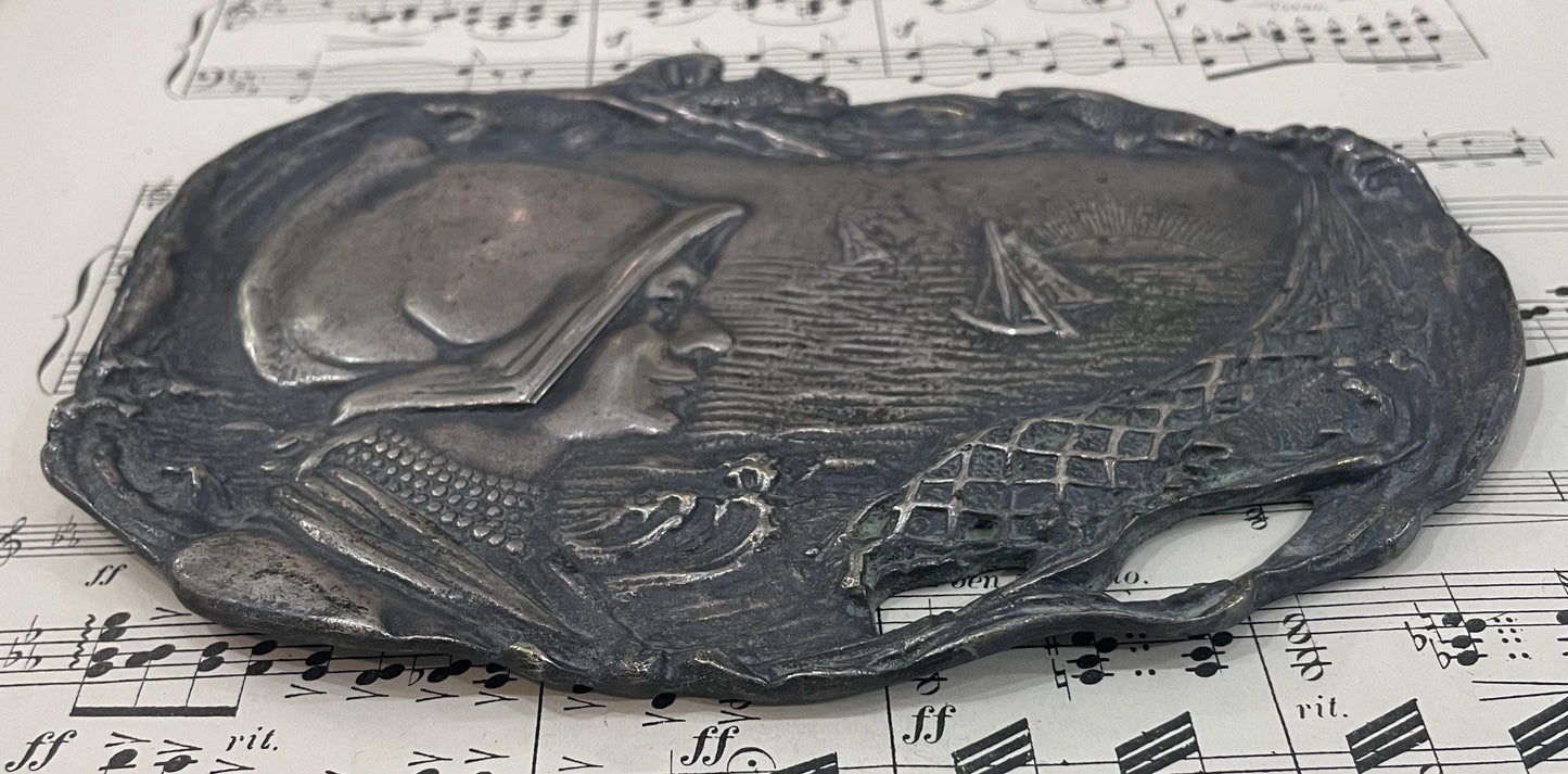 Antique French Art Nouveau bronze tray (maritime scene, fish, boat) c1920
