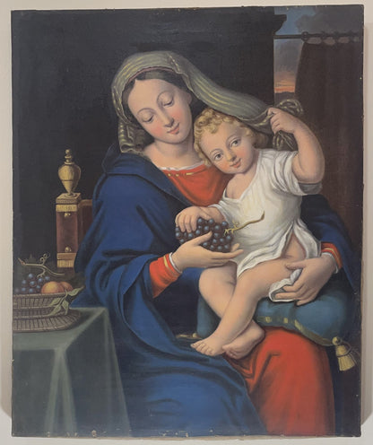 Rare Antique French Oil on Canvas Religious Painting The Virgin of the Grapes after Pierre MIGNARD c1830's