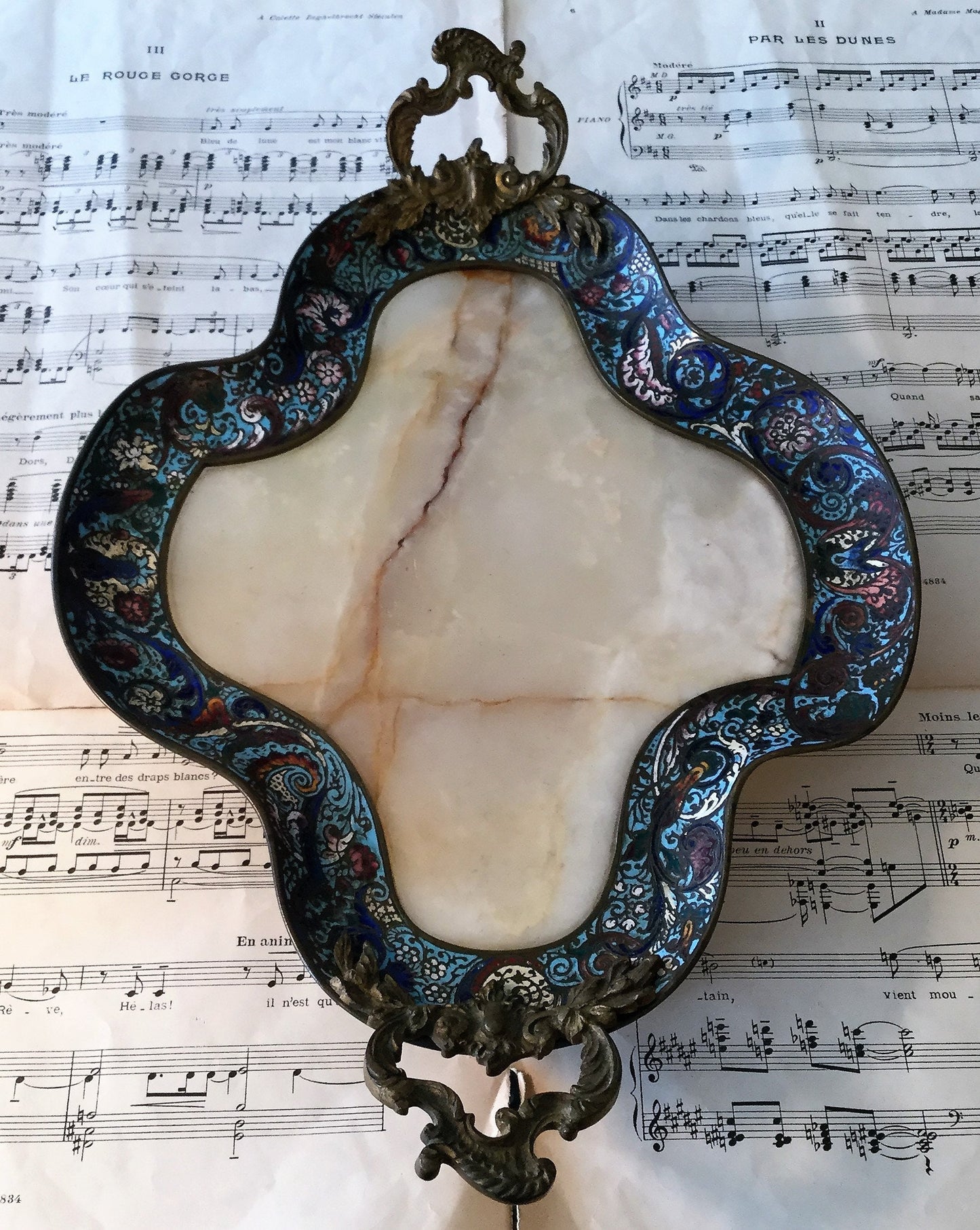 Rare Large Antique French Bronze Champleve Enamel Onyx Tray Platter Centerpiece c1880