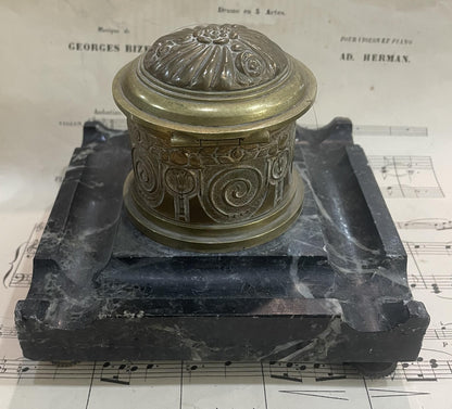 Antique French Art Nouveau Bronze Marble Inkwell c1900