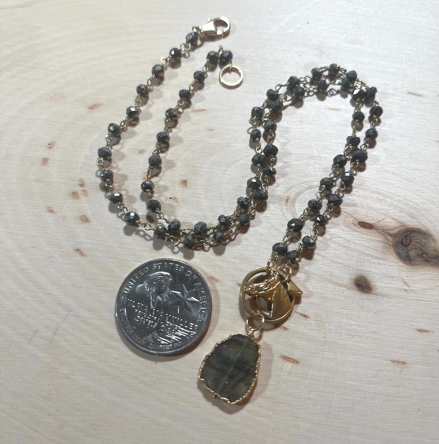 Antique French goldfilled horse pendant with pyrite and labradorite