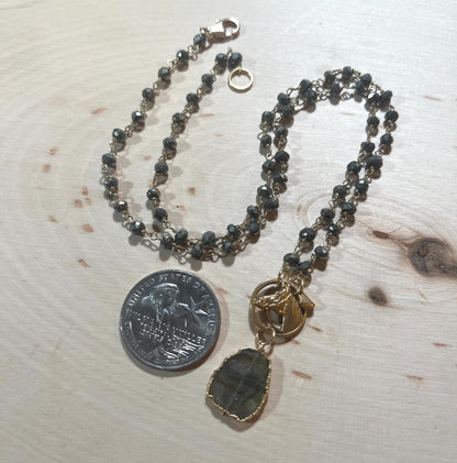 Antique French goldfilled horse pendant with pyrite and labradorite