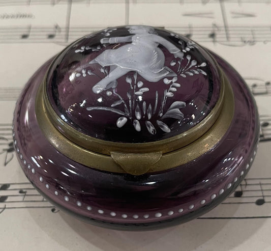 Rare Antique French Gilt Brass Purple Glass Hand Painted Enameled Box Mary Gregory c1900