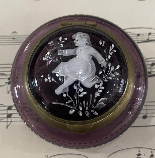 Rare Antique French Gilt Brass Purple Glass Hand Painted Enameled Box Mary Gregory c1900