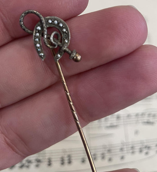 Rare Antique French Art Nouveau Hat Pin Horseshoe Pearls c1900