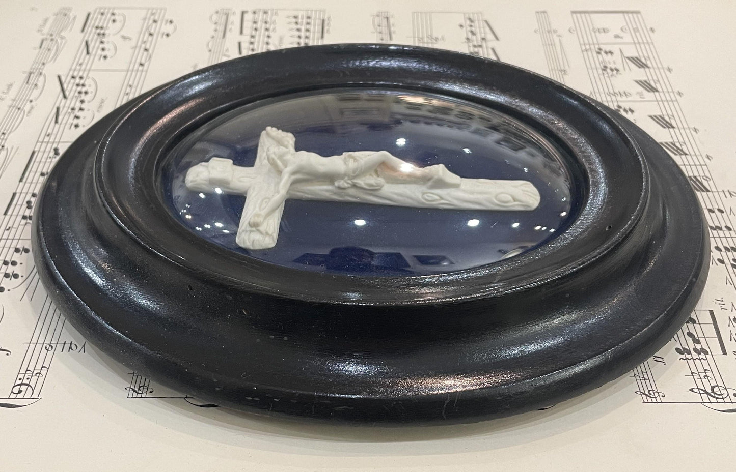 Antique French Carved Plaster Jesus Cross Crucifixion Domed Glass c1900