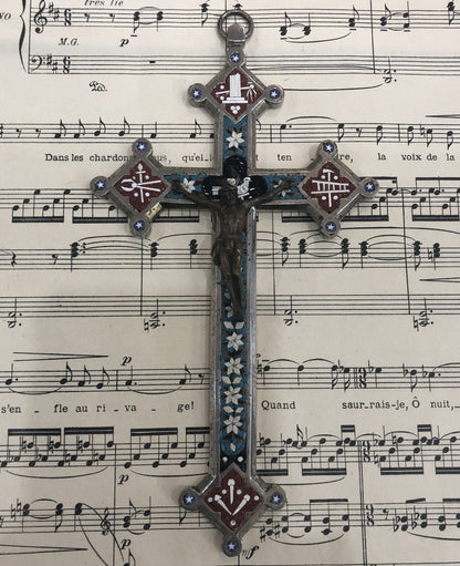 Large Antique Italian Micro Mosaic Micromosaic Cross Crucifix Bird Flowers c1900