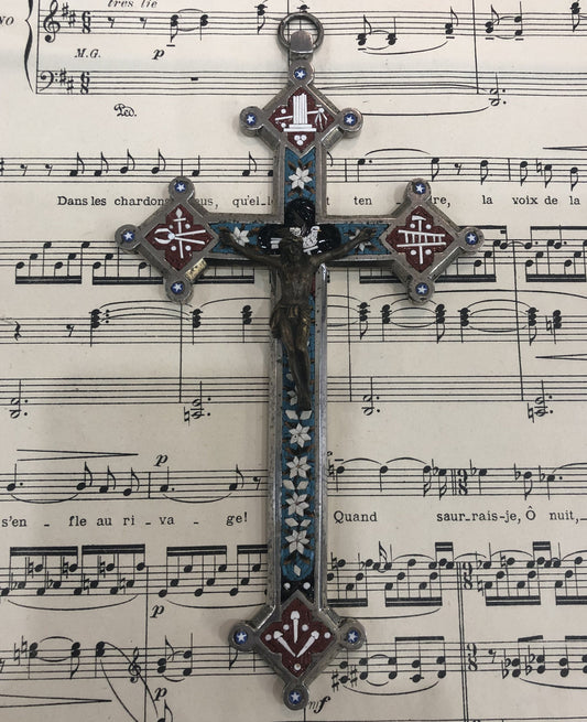 Large Antique Italian Micro Mosaic Micromosaic Cross Crucifix Bird Flowers c1900