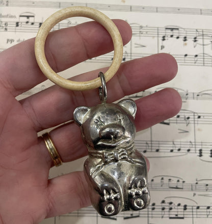 Antique French Art Nouveau Silver Plated Baby Rattle Teething Ring Teddy Bear c1920