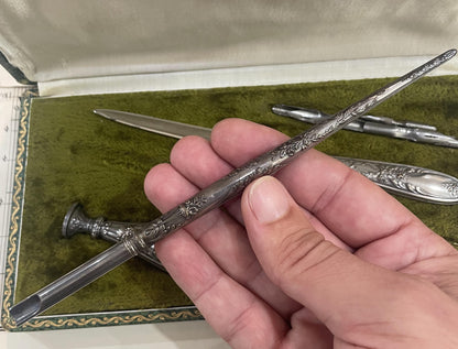 Antique French Silver Plated Desk Set Letter Opener Quill Pen Wax Seal Art Nouveau Original Box c1900