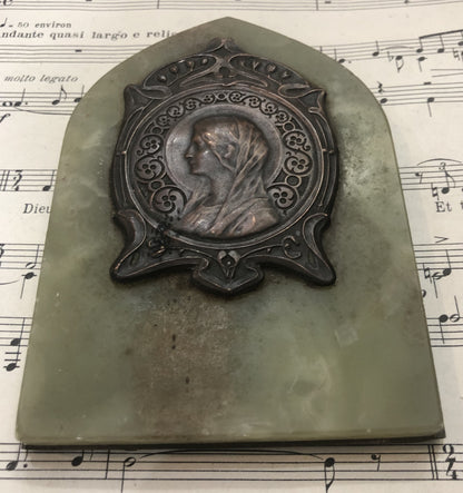 Antique French Green Onyx Icon Stand Virgin Mary Lily c1920
