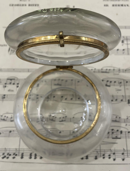 Large Antique French Gilt Brass Glass Hand Painted Enameled Box Flowers c1900