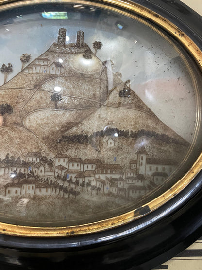 RARE Large Antique French Mourning Hair Art Domed Glass Wooden Frame Village Saint Cere c1860