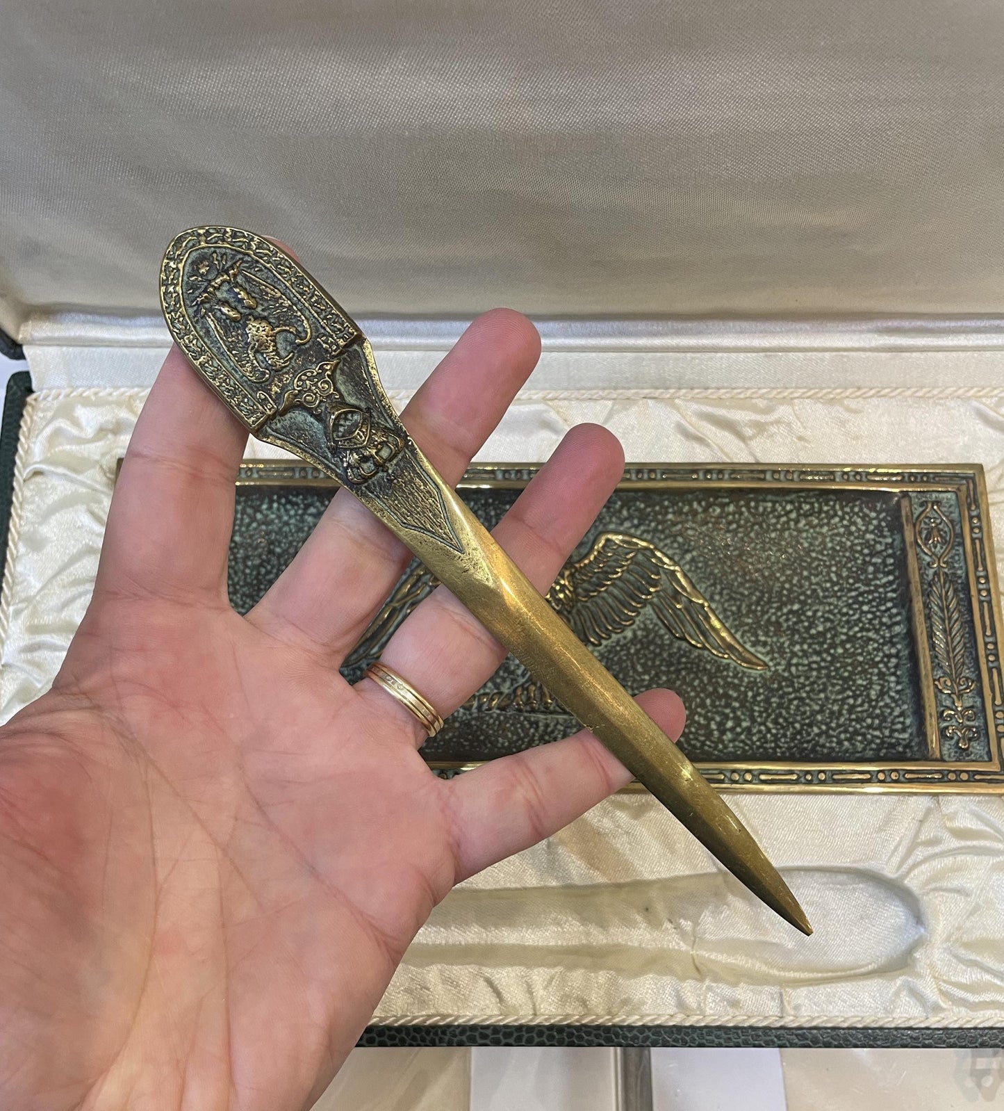 Rare Antique French Max Le Verrier Bronze Set Tray Letter Opener Eagle Original Box c1940