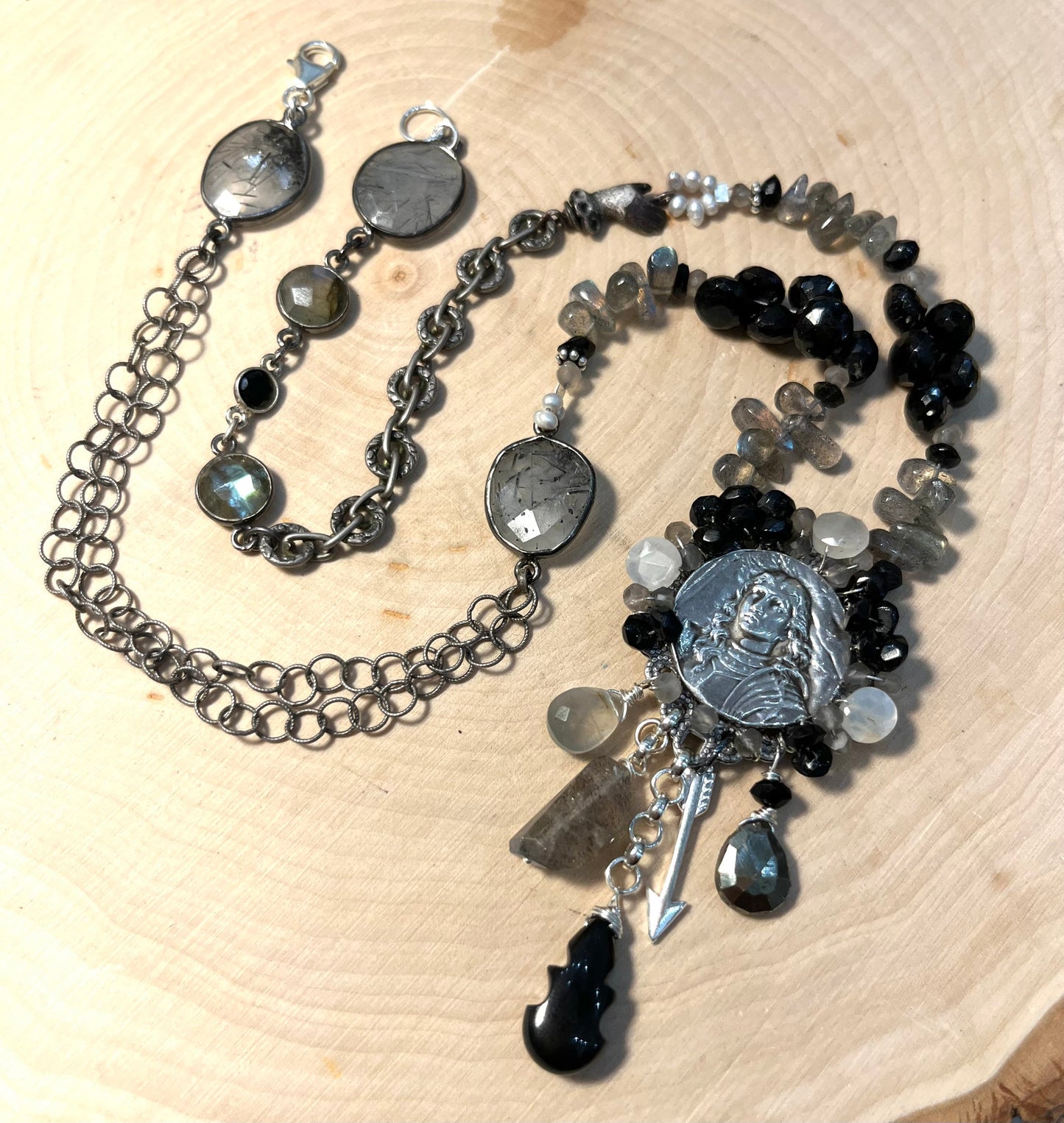 Joan of Arc necklace with labradorite, black tourmaline and pyrite on filigree
