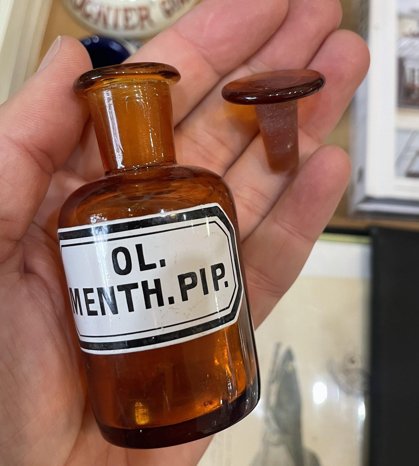 Small Antique French Apothecary Bottle Amber Glass Ol. Menth. Pip. c1880