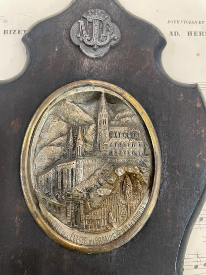 Rare Antique French Art Nouveau Wooden Holy Water Font Lourdes c1900