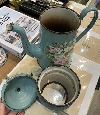 Rare Antique French Enamelware Coffee Pot Palette Flowers c1920
