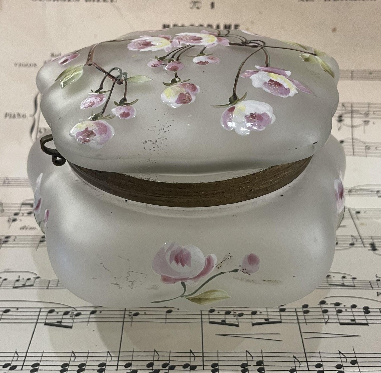 Large Antique French Gilt Brass Glass Hand Painted Enameled Box Flower c1900